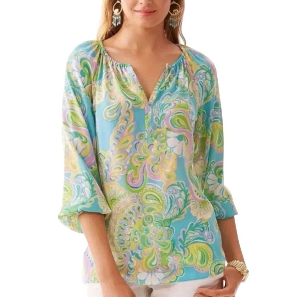 Lilly Pulitzer Elsa Silk Top Turquoise Pink Paisley Floral Blouse Medium